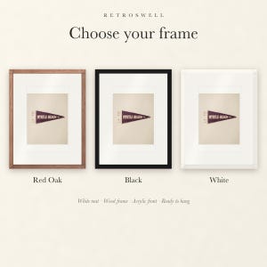 Frame options for Myrtle Beach, South Carolina Surf Pennant: Red Oak, black and white wood frames, each with a white mat.