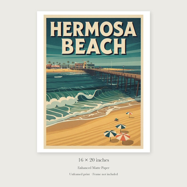 Hermosa Beach Surf unframed 16 by 20 inch print on enhanced matte paper, shown with its white paper border.