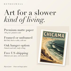 RetroSwell print details for Chicama Peru Surf: premium 189 g/m² matte paper, framed or unframed, oak hanger option, free US shipping.