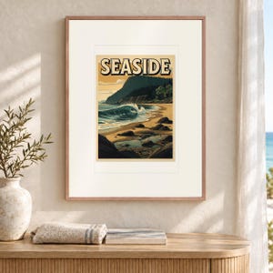 Seaside Surf Travel Poster, Framed or Unframed Vintage Style Coastal Print image 2