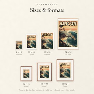 Sizes and formats for Rincon Surf, shown to scale: unframed prints, oak hanger and framed prints.