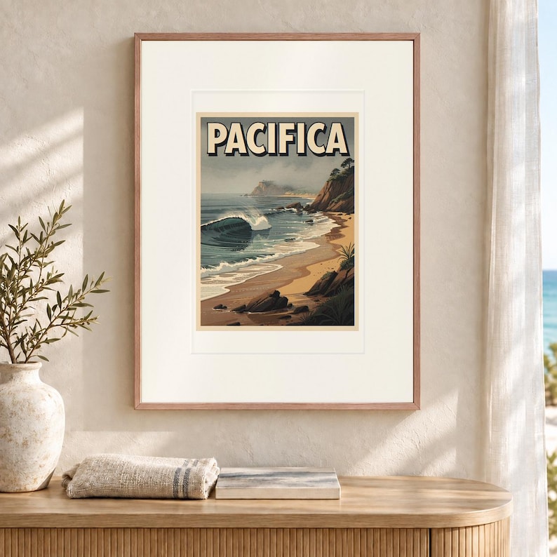 Pacifica Surf Travel Poster, Framed or Unframed Vintage Style Coastal Print image 12