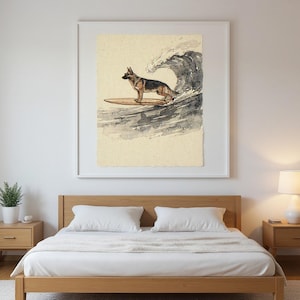 German Shepherd Surfing Print framed in a modern bedroom setting