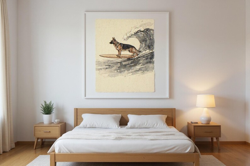German Shepherd Surfing Print framed in a modern bedroom setting