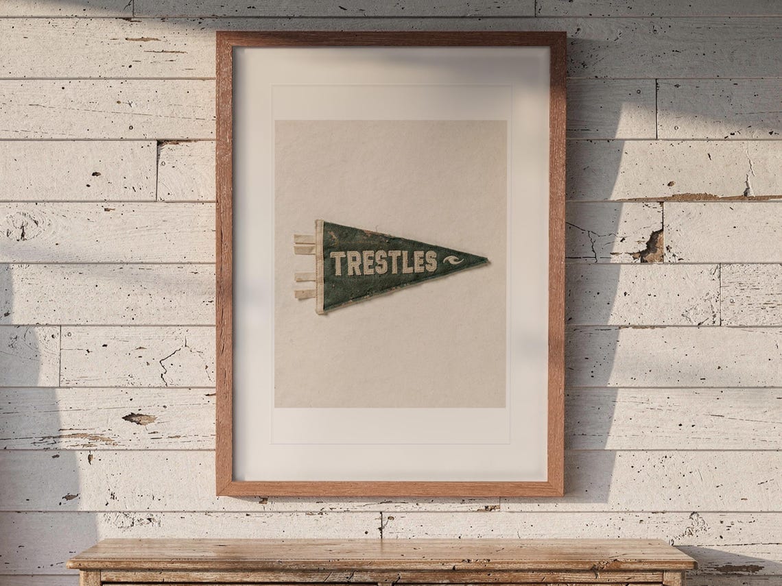 Trestles print in a Red Oak frame with a white mat, hanging above the dresser in a surf shack bedroom.