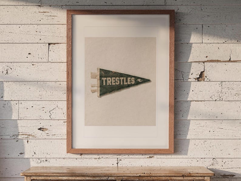 Trestles print in a Red Oak frame with a white mat, hanging above the dresser in a surf shack bedroom.