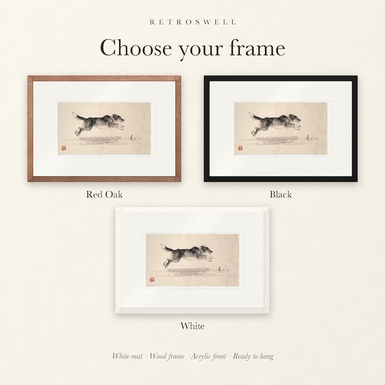 Frame options for Dog Chasing a Stick Xieyi Ink: Red Oak, black and white wood frames, each with a white mat.