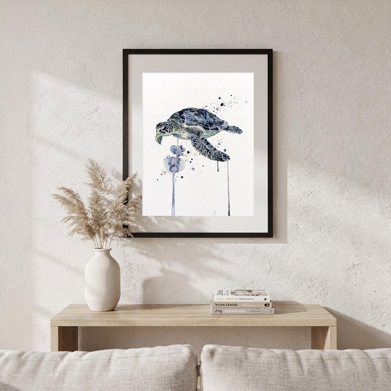 Sea Turtle Watercolor Print Coastal Wall Art Indigo Blue Ocean Painting Beach House Decor Printable Wall Art Digital Download image 6