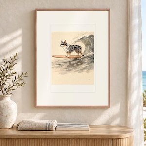 Stampa artistica di un pastore australiano che fa surf, con o senza cornice, poster in stile acquerello con cane immagine 12
