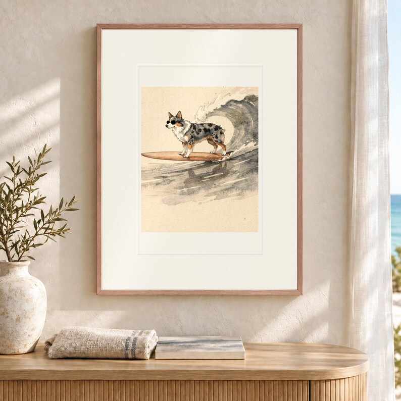 Stampa artistica di un pastore australiano che fa surf, con o senza cornice, poster in stile acquerello con cane immagine 12