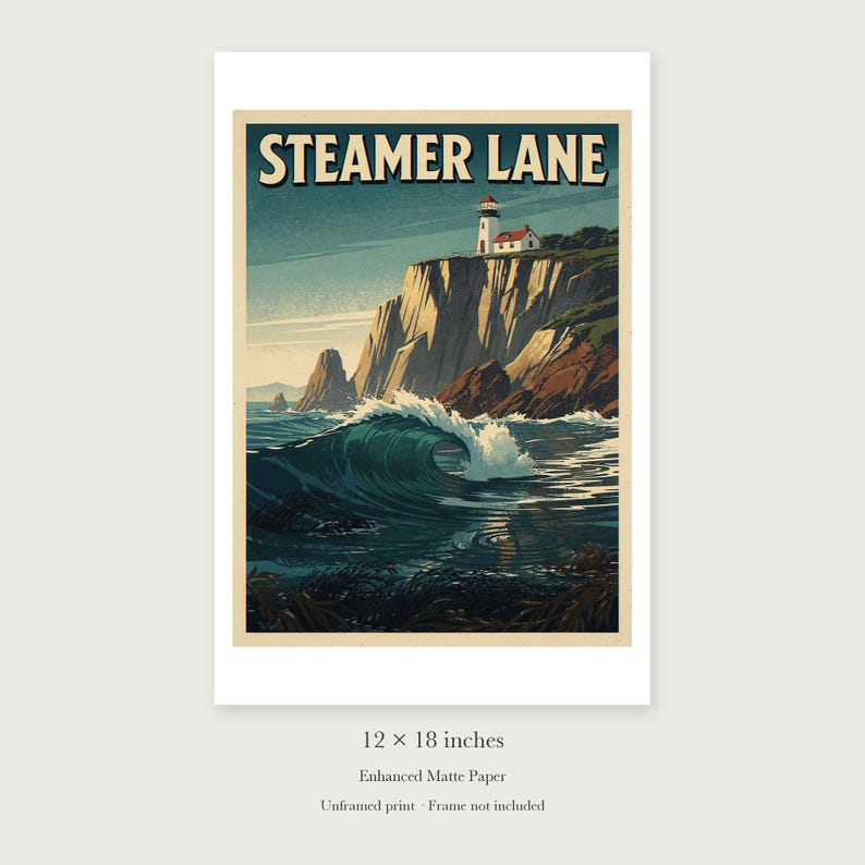 Steamer Lane Surf unframed 12 by 18 inch print on enhanced matte paper, shown with its white paper border.