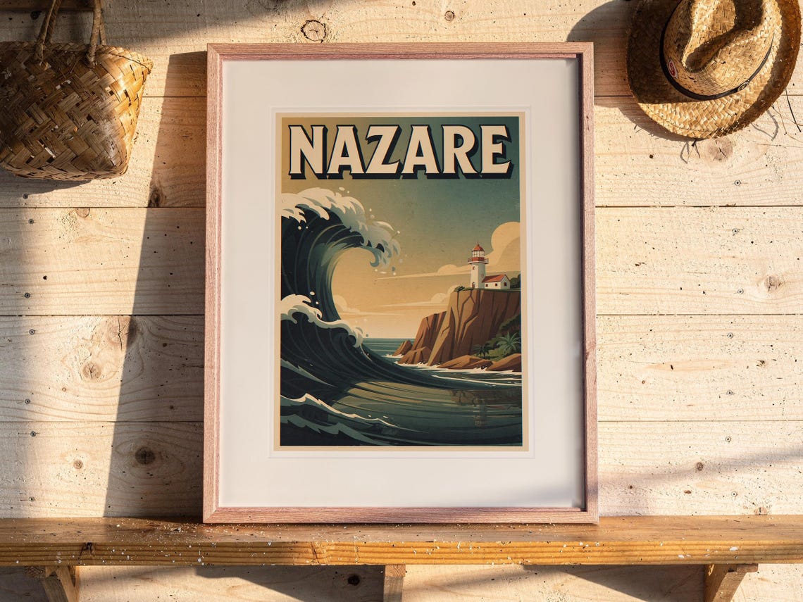Nazare Surf Travel Poster print in a Red Oak frame with a white mat, leaning on the shelf against the wall in a surf shack bedroom.