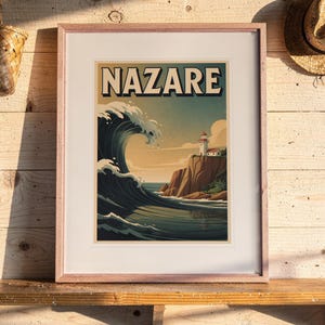 Nazare Surf Travel Poster print in a Red Oak frame with a white mat, leaning on the shelf against the wall in a surf shack bedroom.
