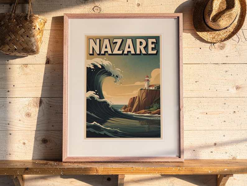 Nazare Surf Travel Poster print in a Red Oak frame with a white mat, leaning on the shelf against the wall in a surf shack bedroom.