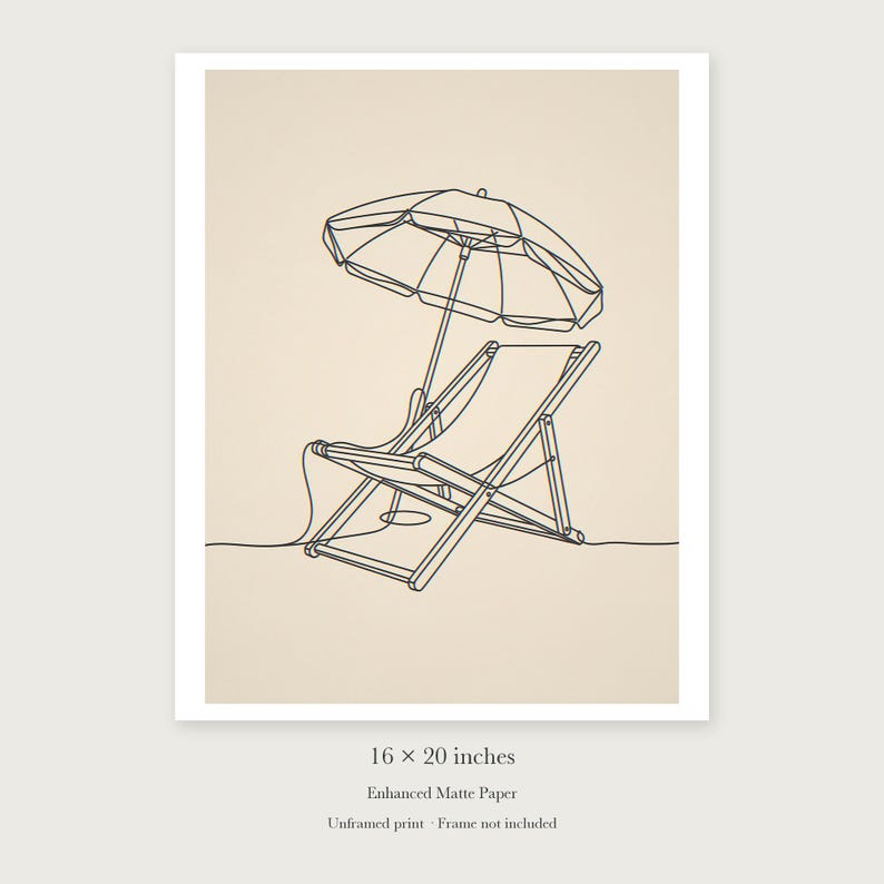 Beach Chair and Umbrella Line unframed 16 by 20 inch print on enhanced matte paper, shown with its white paper border.