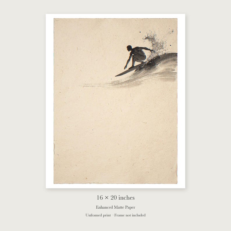Surfer Cutback Ink Style unframed 16 by 20 inch print on enhanced matte paper, shown with its white paper border.