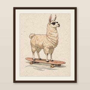 Surfing Llama Print, Cute Llama Watercolor Art, Coastal Nursery Decor, Sepia Ink Animal Illustration, Printable Wall Art Digital Download image 1