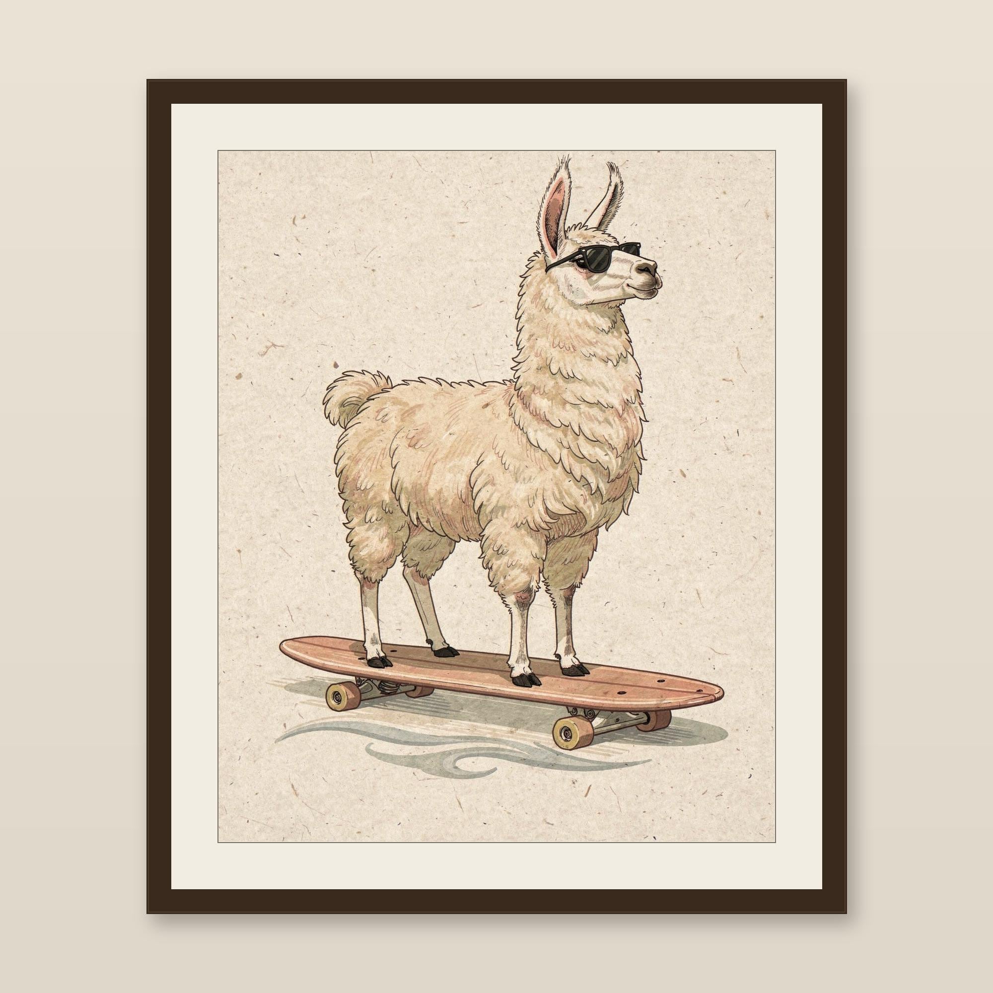 Surfing Llama Print, Cute Llama Watercolor Art, Coastal Nursery Decor, Sepia Ink Animal Illustration, Printable Wall Art Digital Download