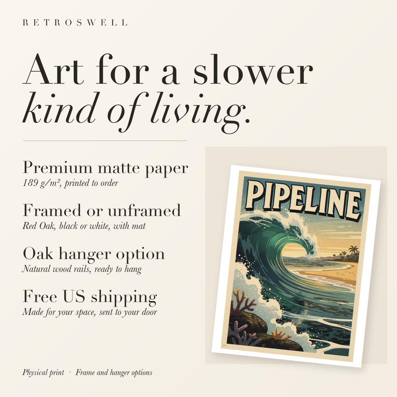 RetroSwell print details for Pipeline Hawaii Surf: premium 189 g/m² matte paper, framed or unframed, oak hanger option, free US shipping.