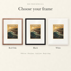 Frame options for Topanga Surf: Red Oak, black and white wood frames, each with a white mat.