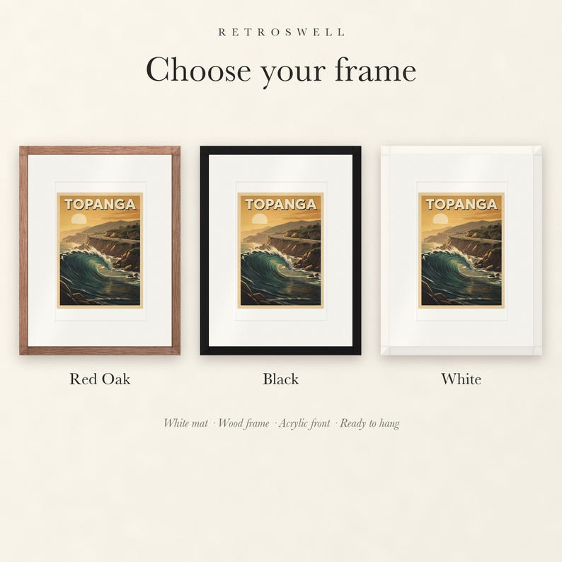 Frame options for Topanga Surf: Red Oak, black and white wood frames, each with a white mat.