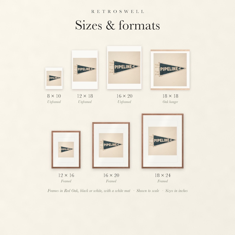 Sizes and formats for Pipeline Surf Pennant, shown to scale: unframed prints, oak hanger and framed prints.