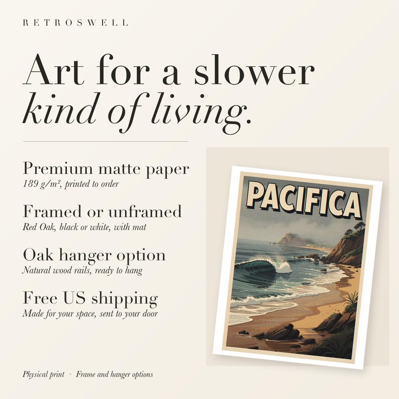 RetroSwell print details for Pacifica Surf: premium 189 g/m² matte paper, framed or unframed, oak hanger option, free US shipping.