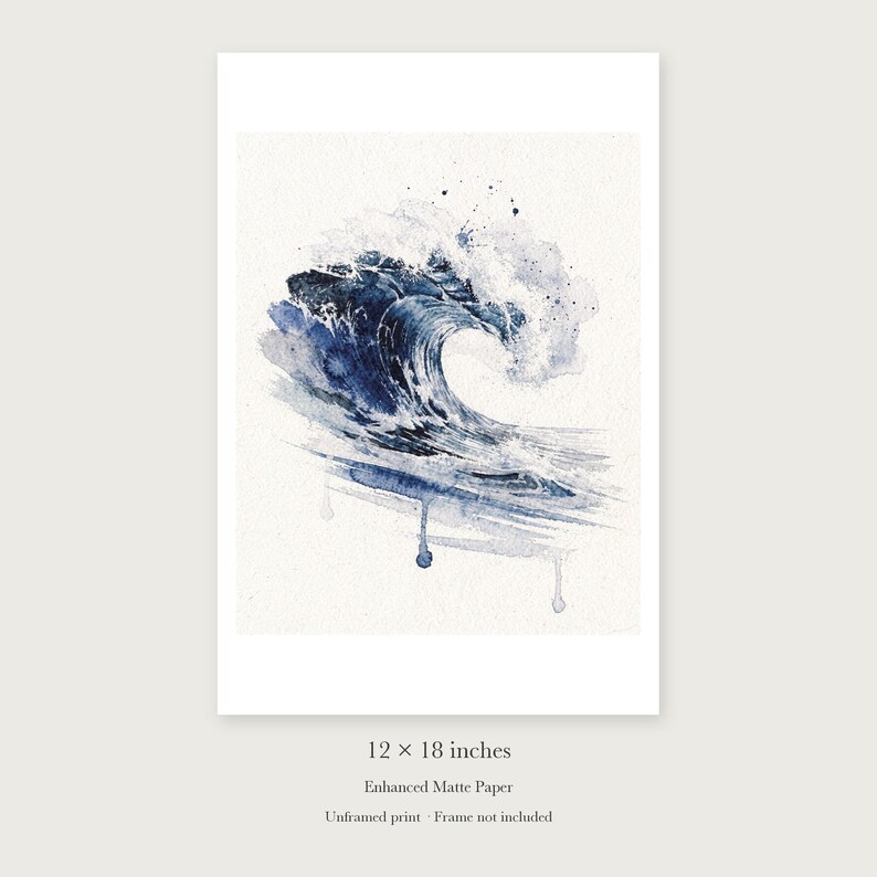 Prussian Blue Wave Watercolor Art Print, Framed or Unframed Coastal Ocean Poster image 8