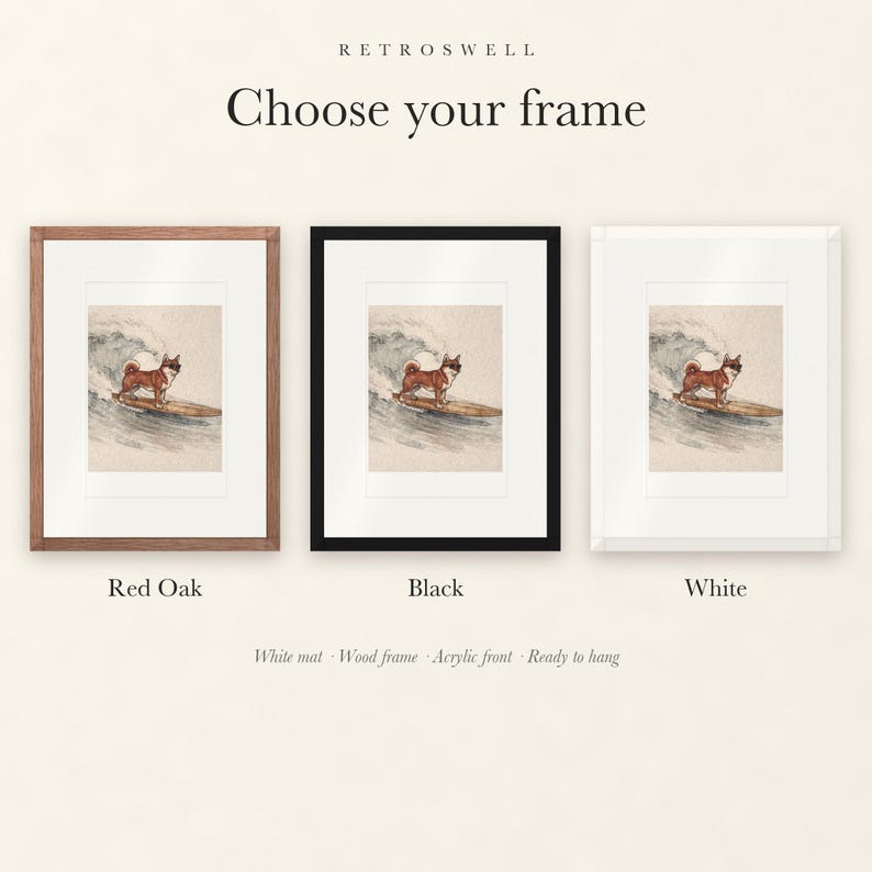 Frame options for Shiba Inu Surfing: Red Oak, black and white wood frames, each with a white mat.