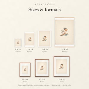Sizes and formats for Pelican Surfing, shown to scale: unframed prints, oak hanger and framed prints.