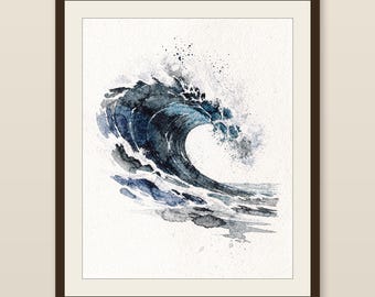 Watercolor Wave Painting Print, Indigo Barrel Ocean Art, Coastal Wall Decor, Surf Art, Beach House Gift, Printable Wall Art Digital Download