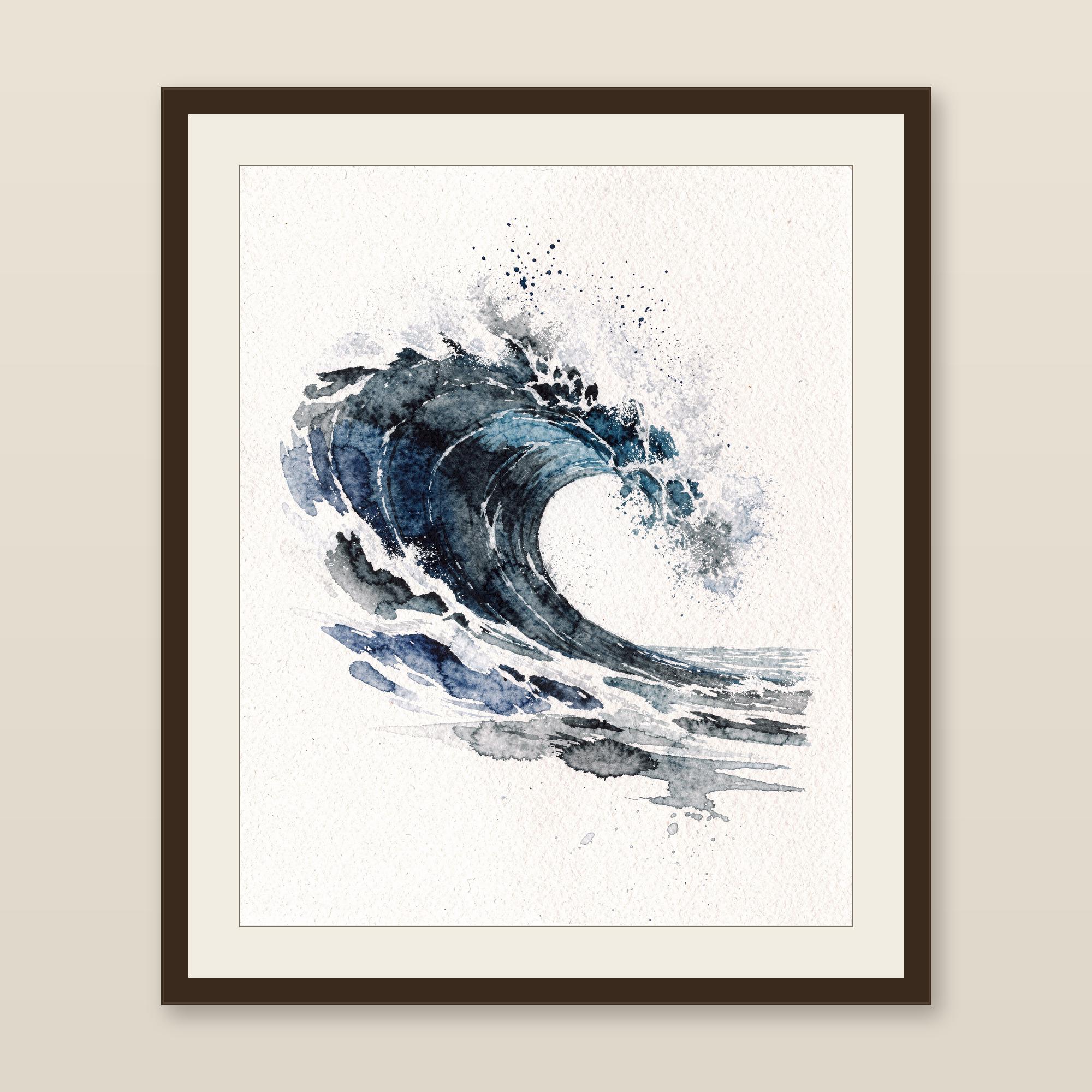 Watercolor Wave Painting Print, Indigo Barrel Ocean Art, Coastal Wall Decor, Surf Art, Beach House Gift, Printable Wall Art Digital Download