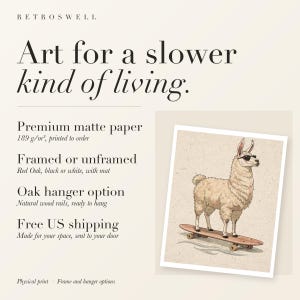 RetroSwell print details for Llama on a Longboard: premium 189 g/m² matte paper, framed or unframed, oak hanger option, free US shipping.