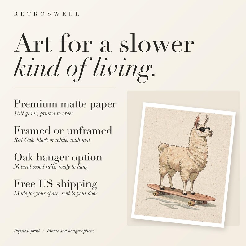 RetroSwell print details for Llama on a Longboard: premium 189 g/m² matte paper, framed or unframed, oak hanger option, free US shipping.