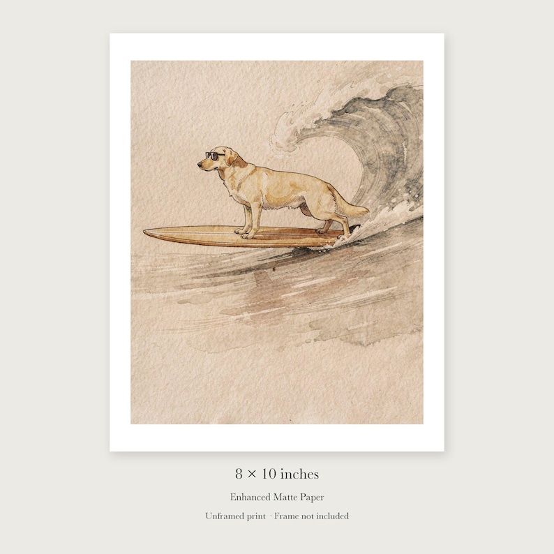 Yellow Labrador Surfing unframed 8 by 10 inch print on enhanced matte paper, shown with its white paper border.