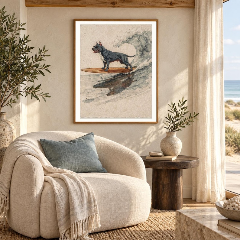 Stampa artistica di un Pit Bull che fa surf / Quadro con cane ad acquerello (Download digitale) immagine 5