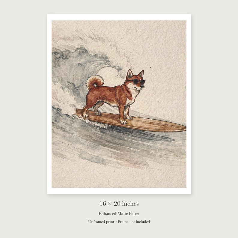 Shiba Inu Surfing unframed 16 by 20 inch print on enhanced matte paper, shown with its white paper border.