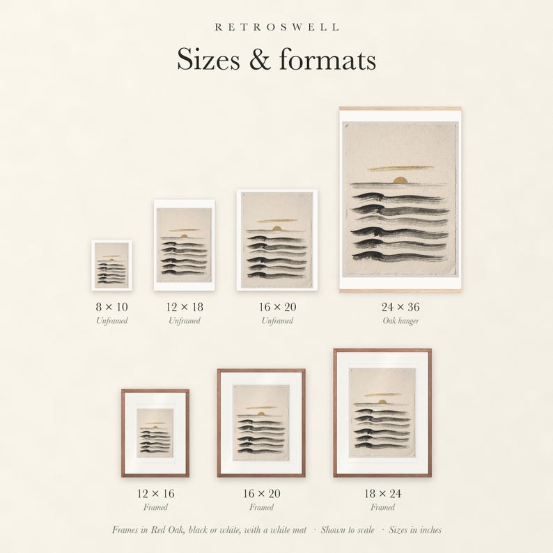 Sizes and formats for Layered Waves Ink Style, shown to scale: unframed prints, oak hanger and framed prints.