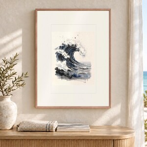 Storm Wave Watercolor Art Print, Framed or Unframed Moody Seascape Poster image 12
