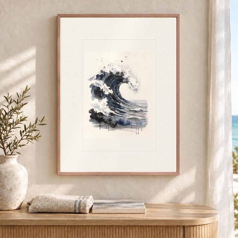 Storm Wave Watercolor Art Print, Framed or Unframed Moody Seascape Poster image 12