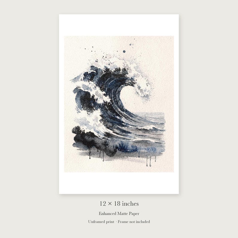 Storm Wave Watercolor unframed 12 by 18 inch print on enhanced matte paper, shown with its white paper border.