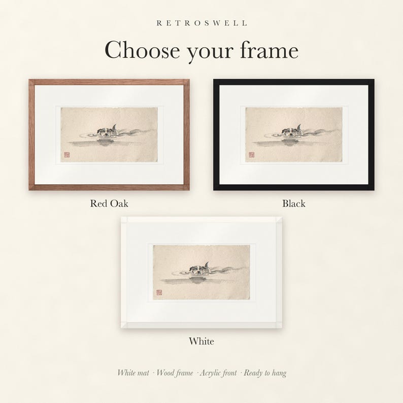 Frame options for Swimming Dog Xieyi Ink: Red Oak, black and white wood frames, each with a white mat.