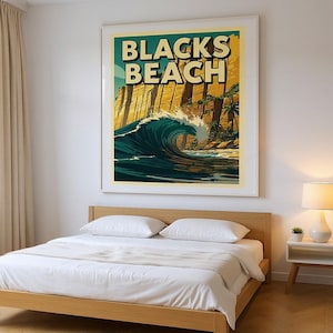 Blacks Beach Surf Poster framed in a modern bedroom setting