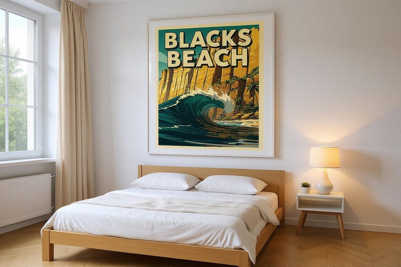 Blacks Beach Surf Poster framed in a modern bedroom setting