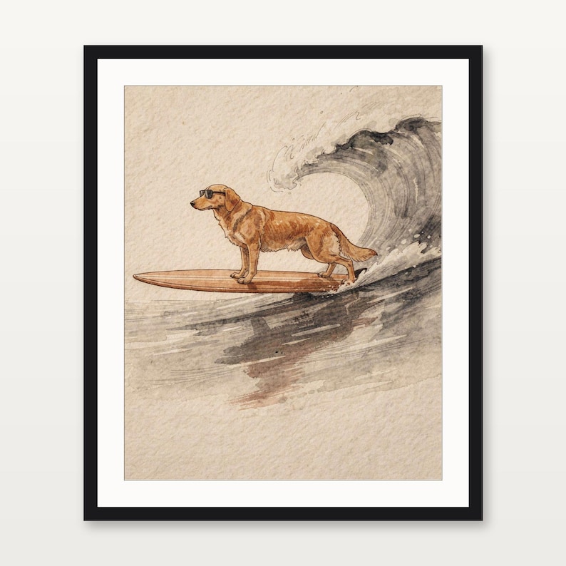 Golden Retriever Surfing Print | Dog Surf Wall Art | Fine Art Coastal Decor | Dog Lover Gift | Printable Wall Art Digital Download image 3