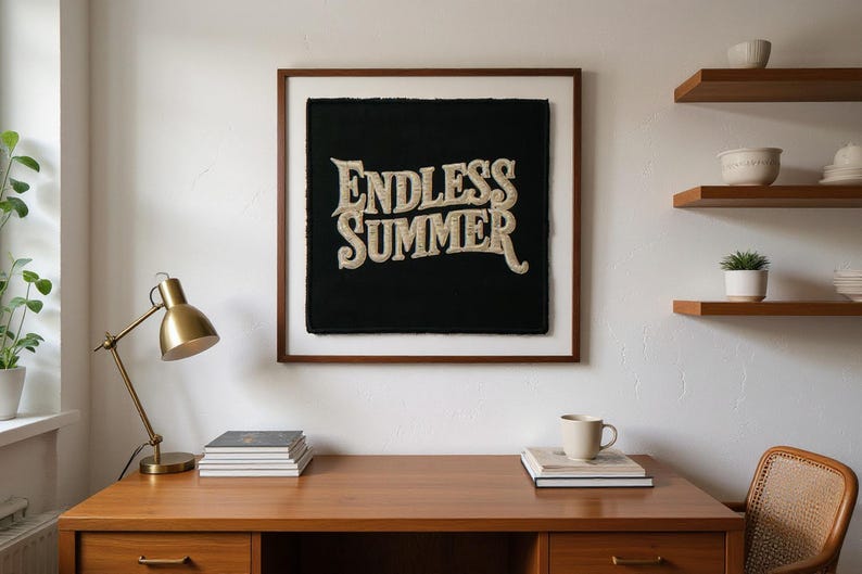 Endless Summer Embroidered Patch Print framed in a home office setting