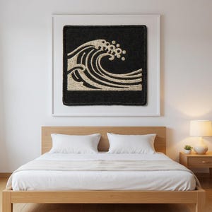 Wave Embroidered Patch Print framed in a modern bedroom setting
