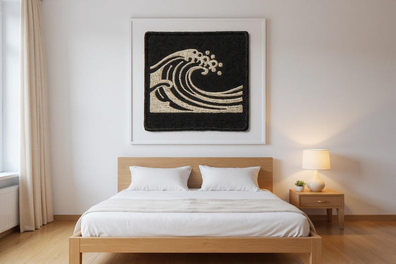 Wave Embroidered Patch Print framed in a modern bedroom setting