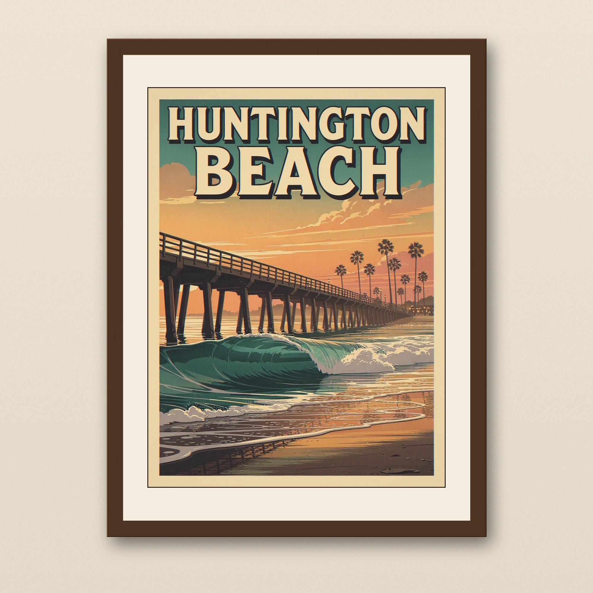 Huntington Beach Poster - walnut framed art print with cream mat on plaster wall