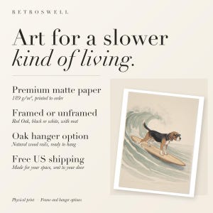 RetroSwell print details for Beagle Surfing: premium 189 g/m² matte paper, framed or unframed, oak hanger option, free US shipping.